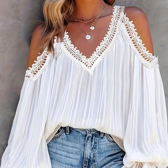 White Boho Women's Open Shoulder Floral Trim Casual Vacation Blouse - Picture 1 of 5